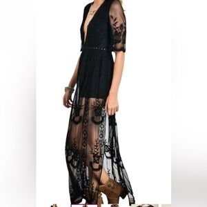 Elegant Black SheerLace  Maxi Jumpsuit Dress